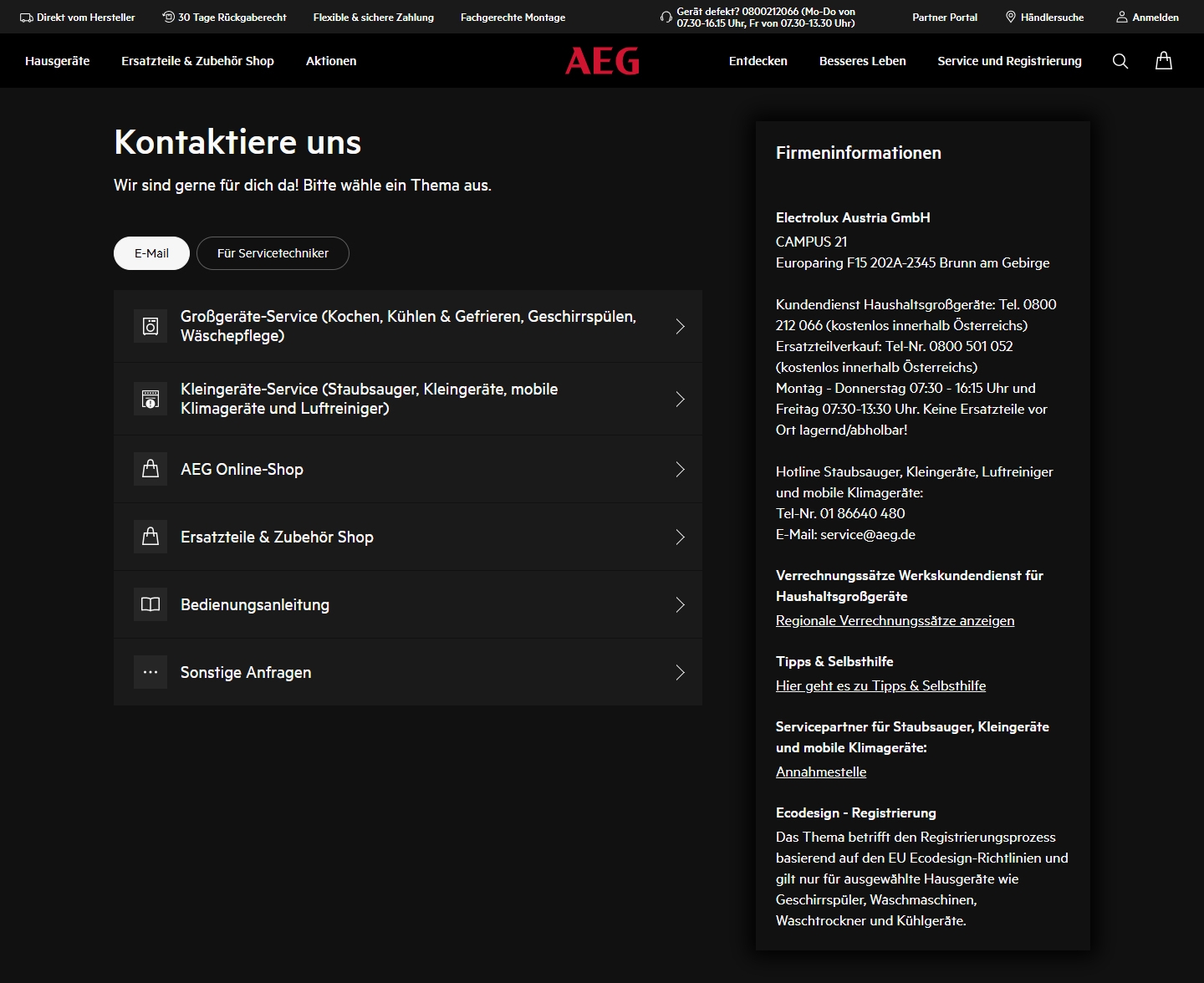 AEG Kundenservice, Telefonnummer, Kontakt