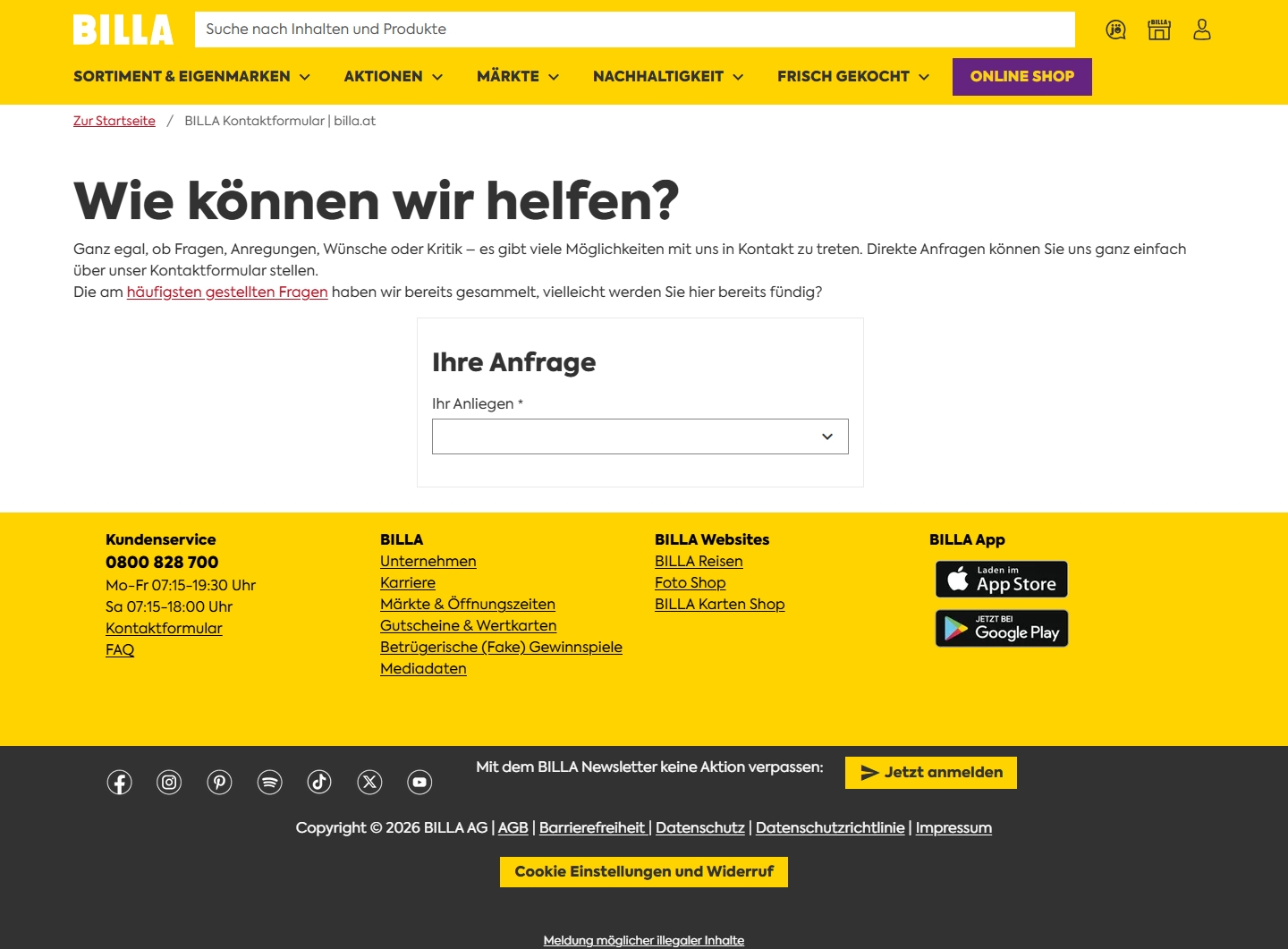 Billa Kundenservice, Telefonnummer, Kontakt