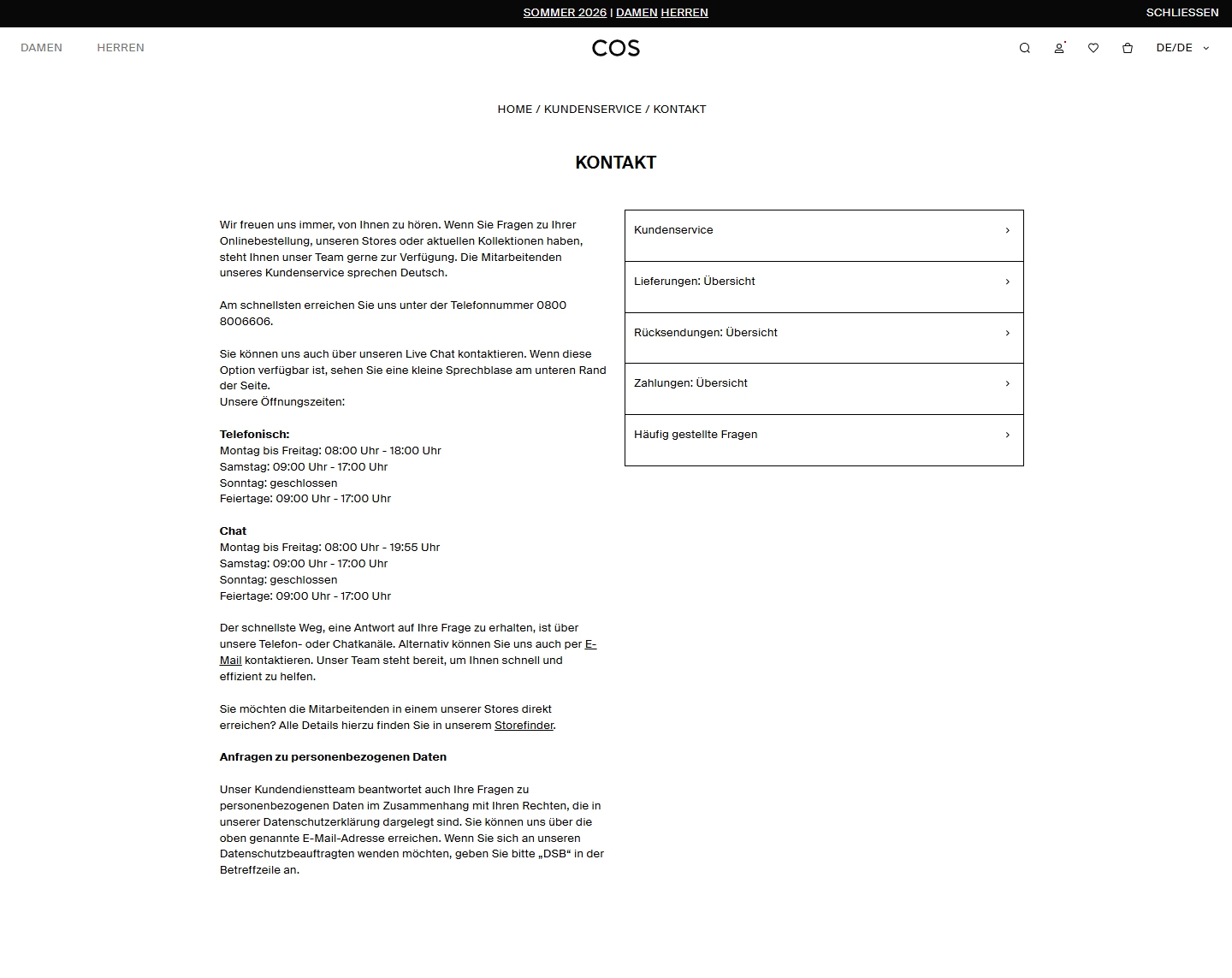 COS Kundenservice, Telefonnummer, Kontakt
