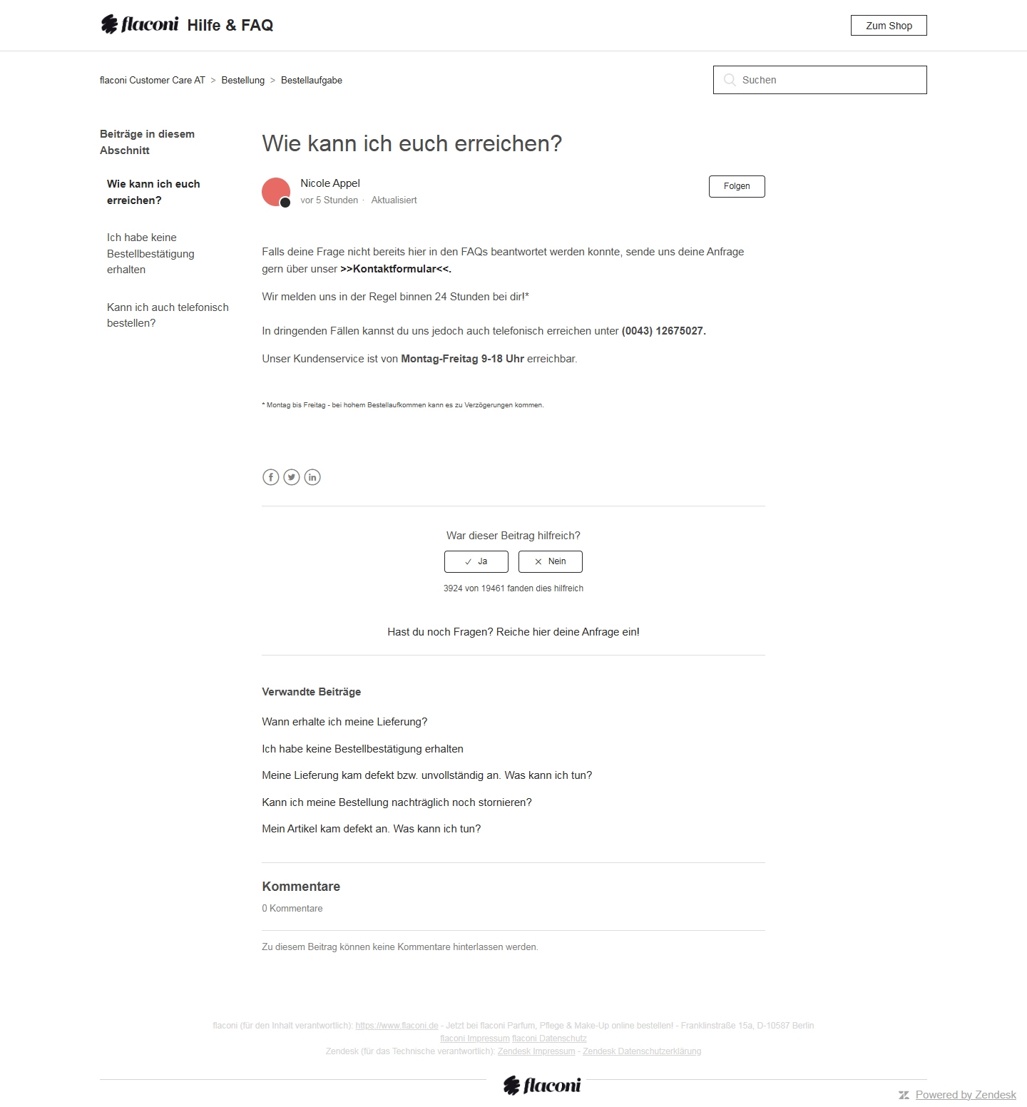 Flaconi Kundenservice, Telefonnummer, Kontakt