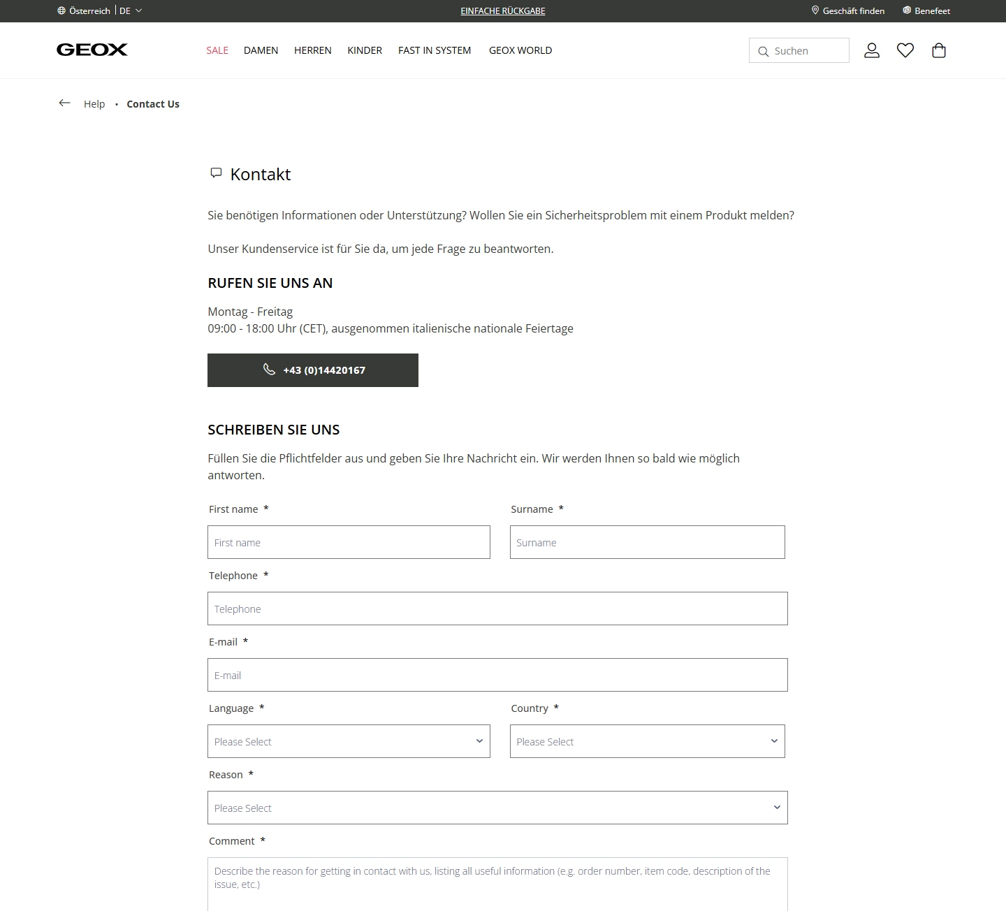 Geox Kundenservice, Telefonnummer, Kontakt
