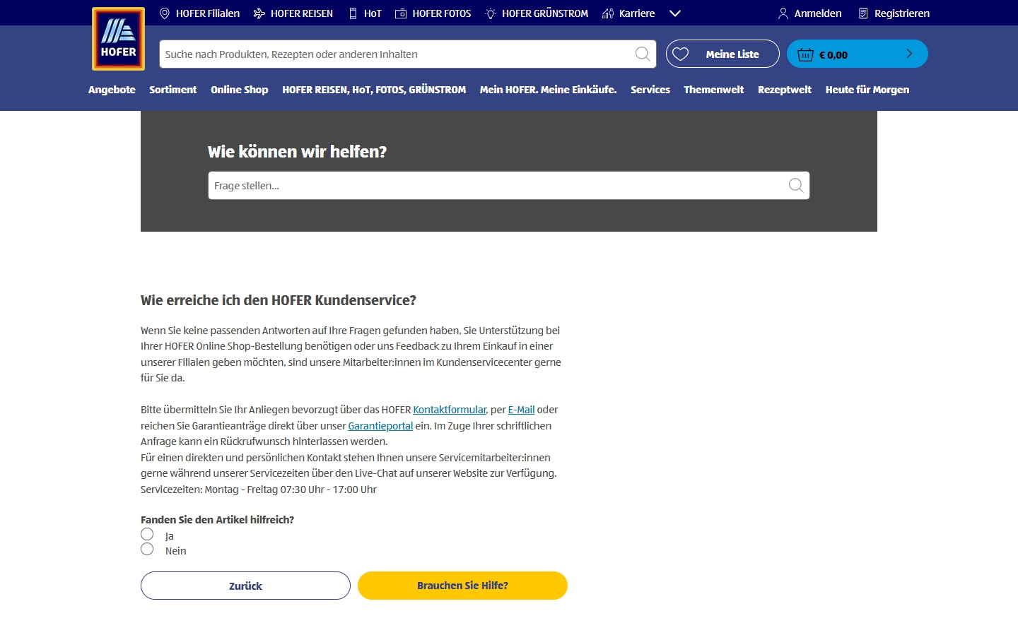 HOFER Kundenservice, Telefonnummer, Kontakt