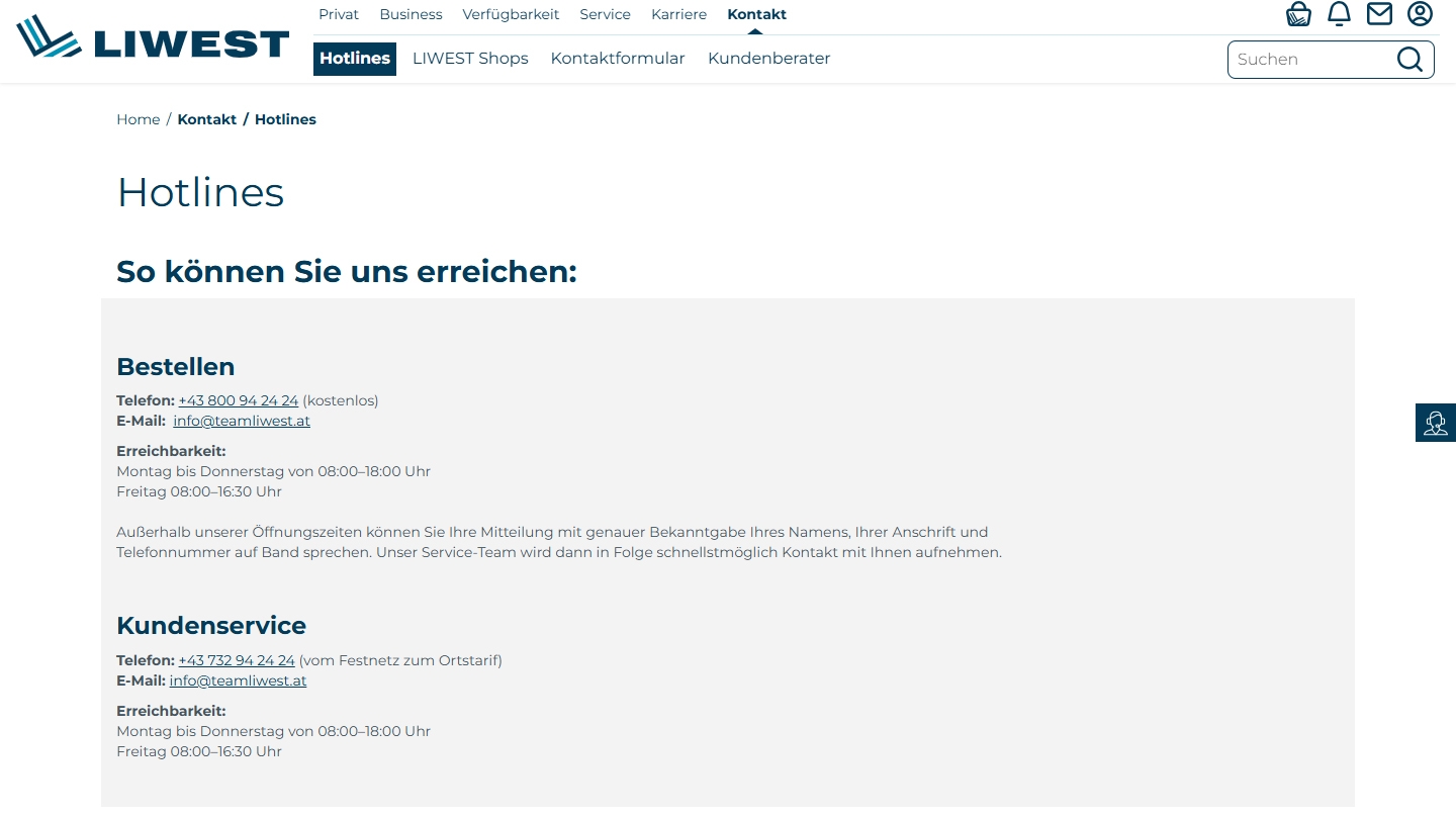LIWEST Kundenservice, Telefonnummer, Kontakt