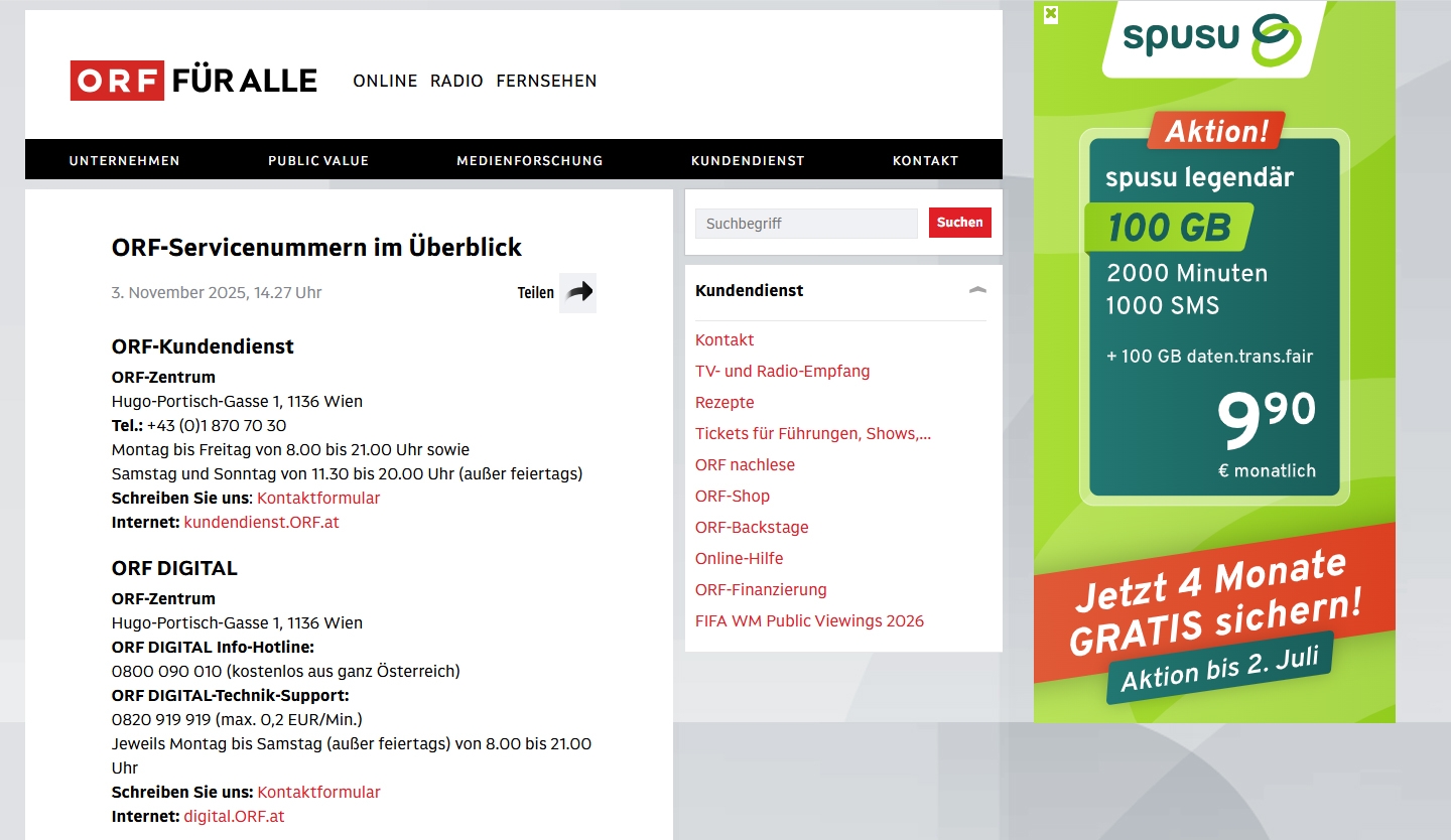 ORF digital Kundenservice, Telefonnummer, Kontakt