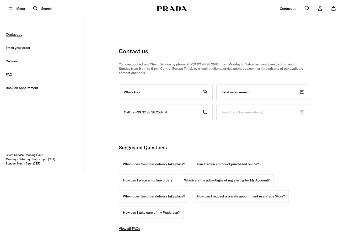 Prada Kundenservice, Telefonnummer, Kontakt