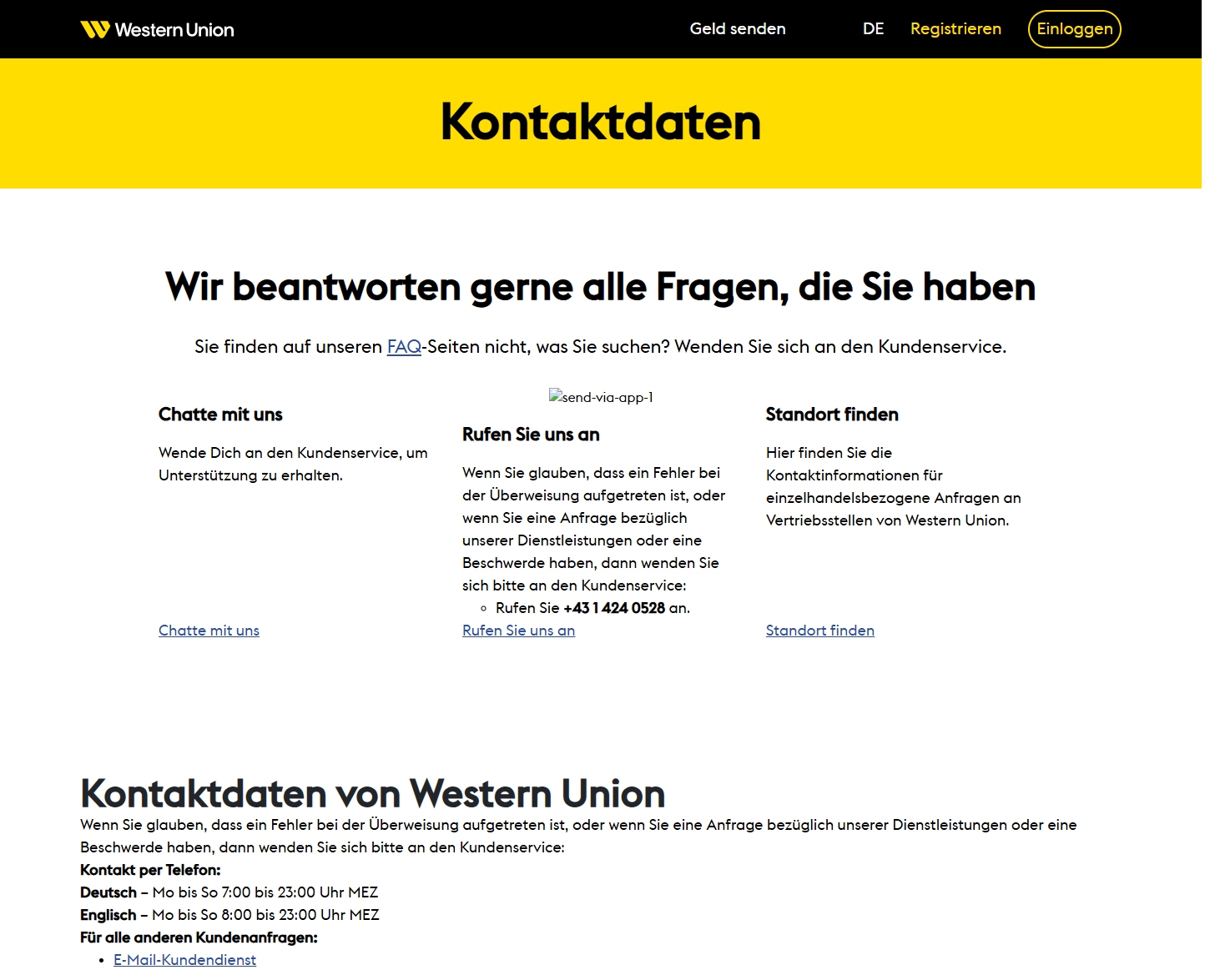 Western union Kundenservice, Telefonnummer, Kontakt